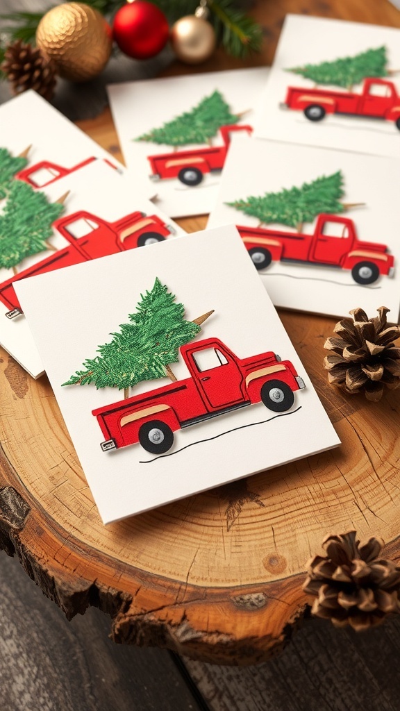 Handmade Christmas Cards with Red Truck Design Handmade Christmas cards with red truck design on a wooden table with festive decorations.